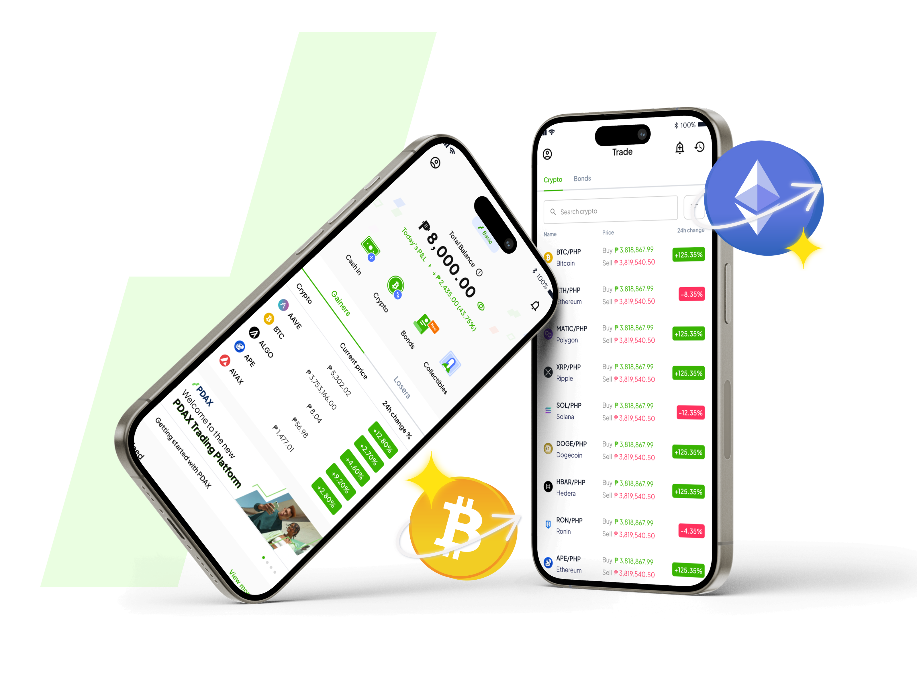 PDAX mobile app with crypto portfolio and trading screens